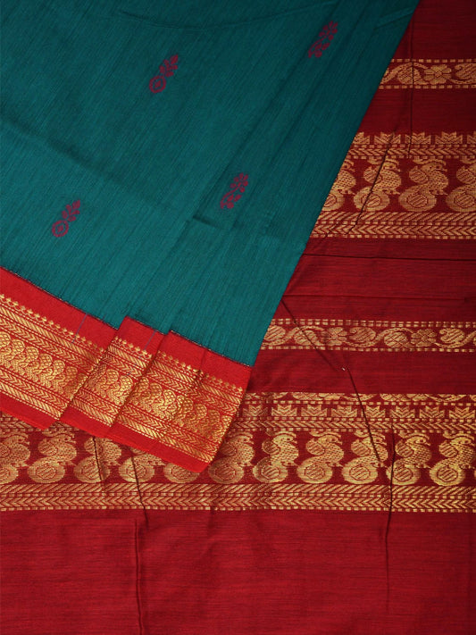 Teal and Red Gadwal Cotton Viscose Saree with Border and Pallu Design g0469