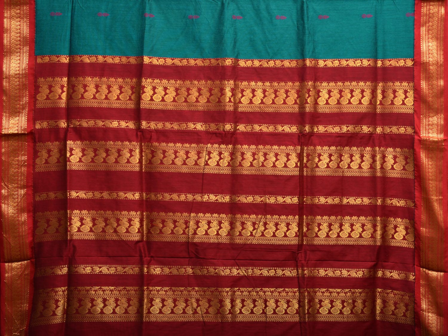 Teal and Red Gadwal Cotton Viscose Saree with Border and Pallu Design g0469