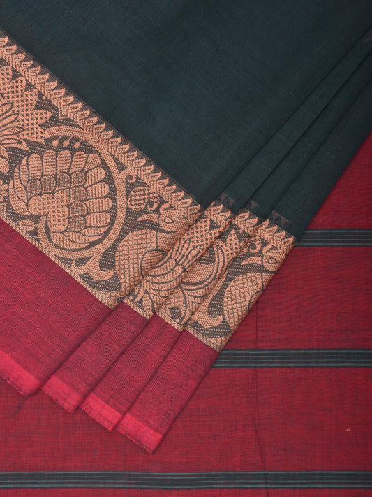 Teal and Red Kanchipuram Cotton Saree with Body Buta and Border Design k0609
