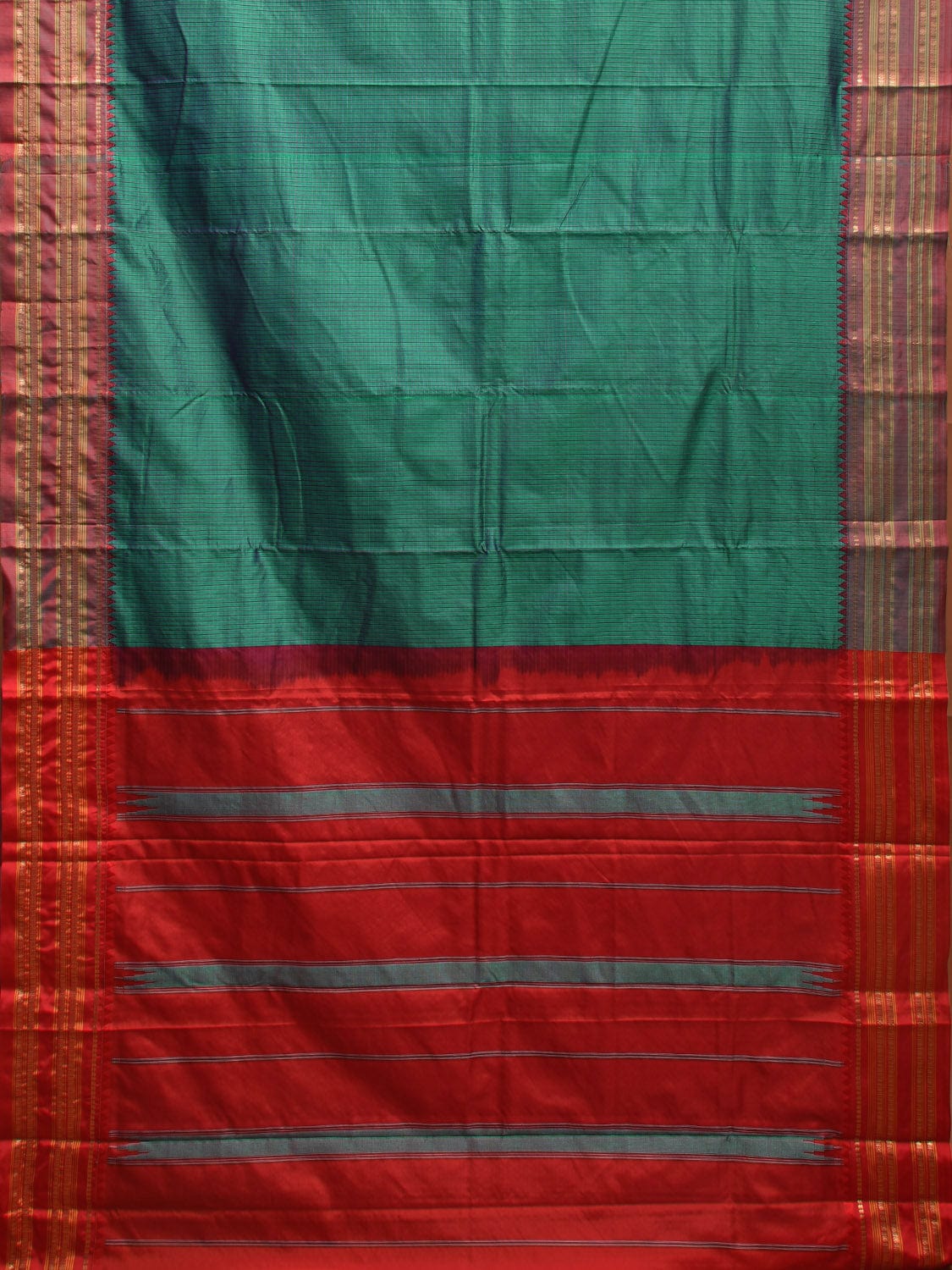 Teal and Red Narayanpet Silk Handloom Saree with Checks Design np0937