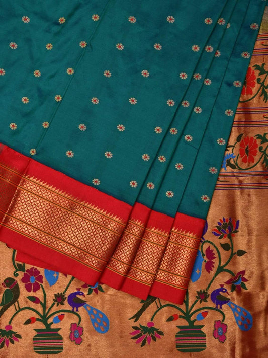 Teal and Red Paithani Silk Handloom Saree with Pallu Design p0376