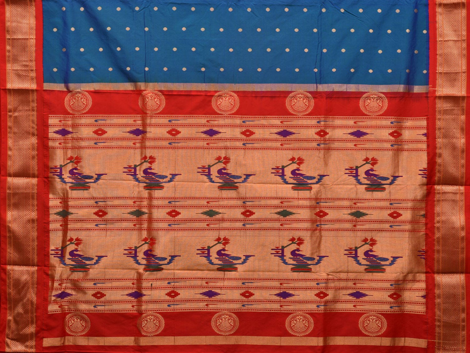 Teal and Red Paithani Silk Handloom Saree with Pallu Design p0453
