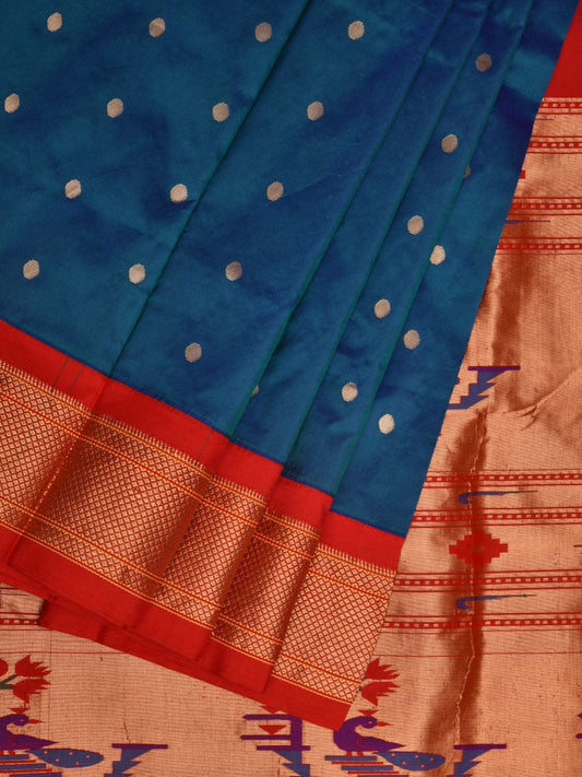 Teal and Red Paithani Silk Handloom Saree with Pallu Design p0453