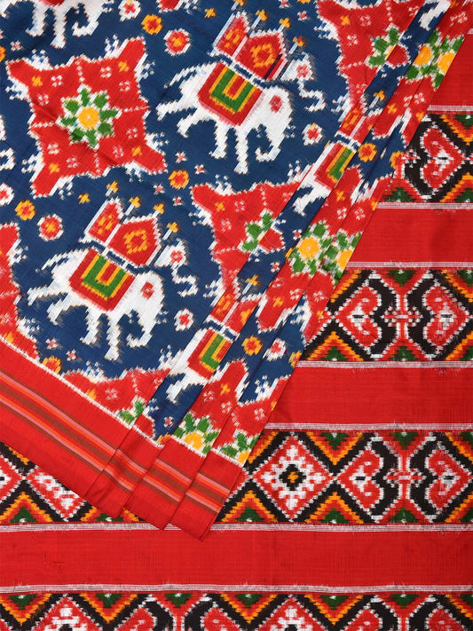 Teal and Red Pochampally Double Ikat Silk Handloom Saree with Elephant Design i0767