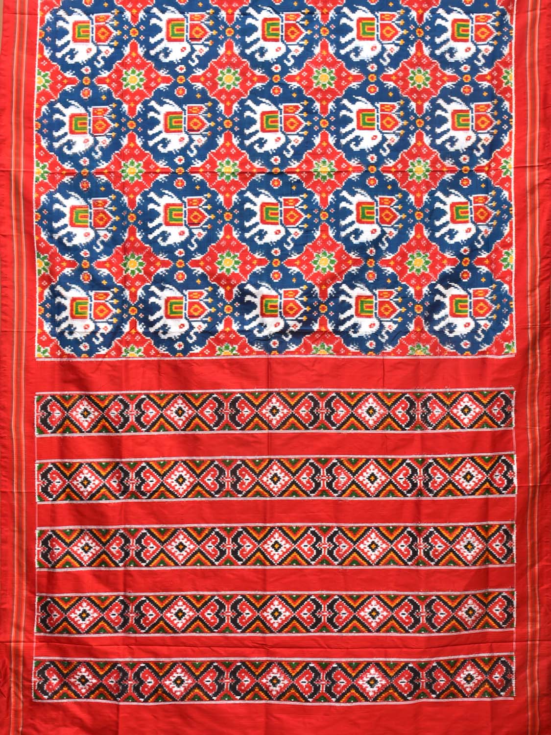 Teal and Red Pochampally Double Ikat Silk Handloom Saree with Elephant Design i0767