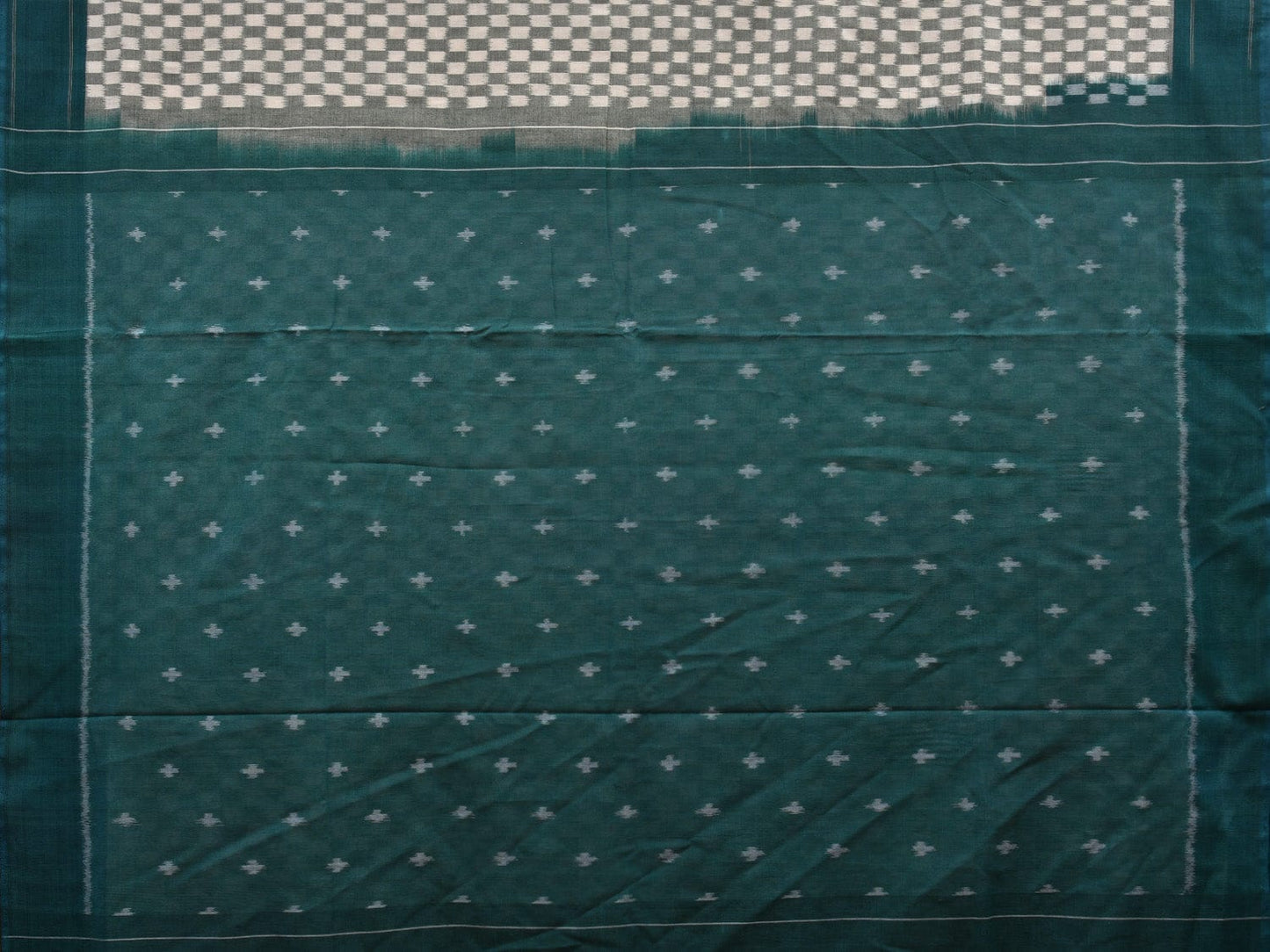 Teal and White Pochampally Ikat Cotton Handloom Saree with Small Checks Design i0691