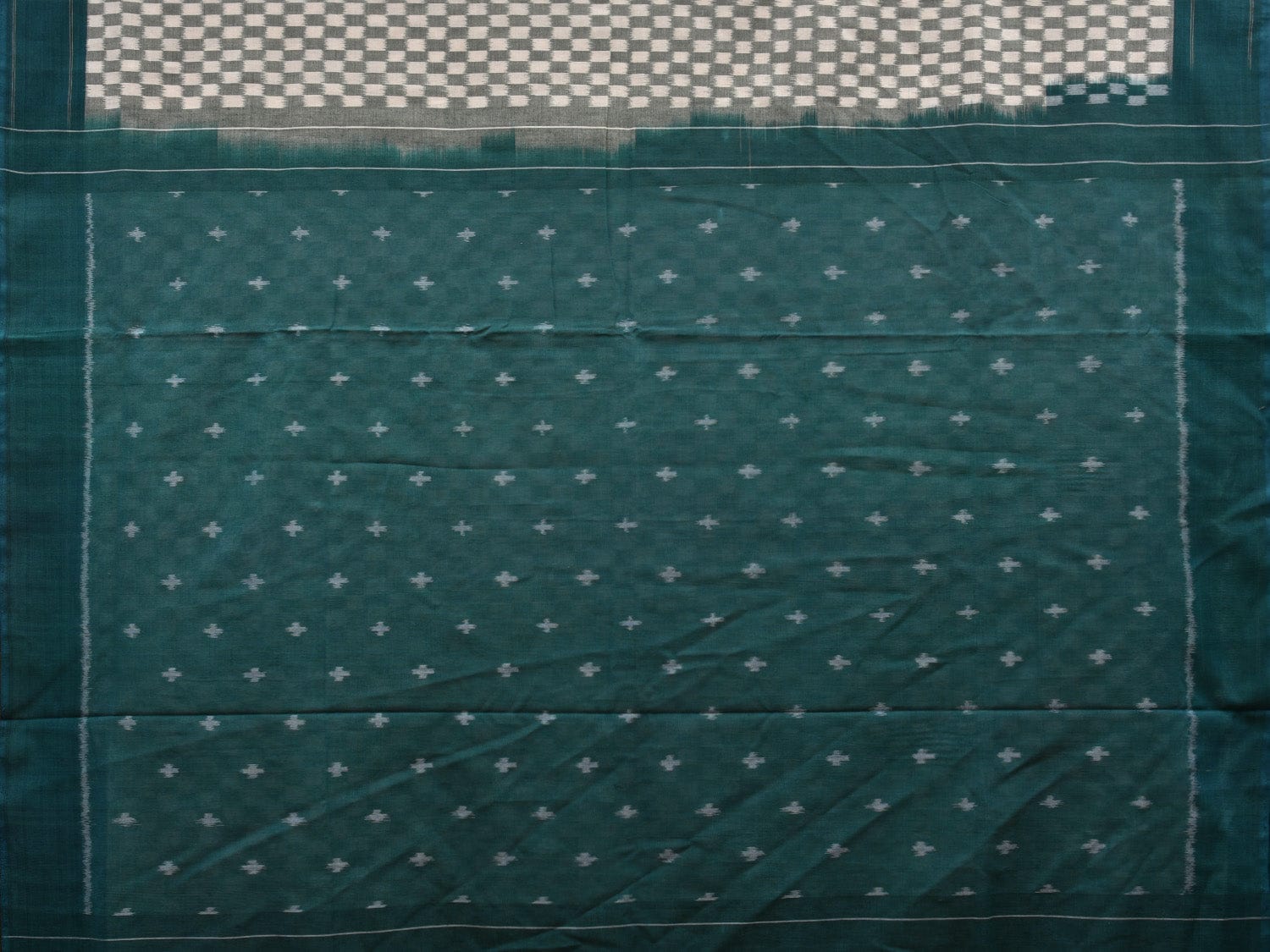 Teal and White Pochampally Ikat Cotton Handloom Saree with Small Checks Design i0691