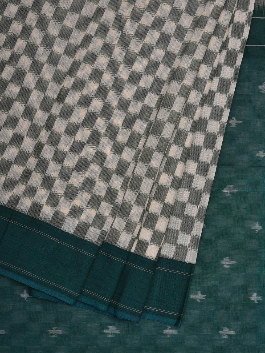 Teal and White Pochampally Ikat Cotton Handloom Saree with Small Checks Design i0691