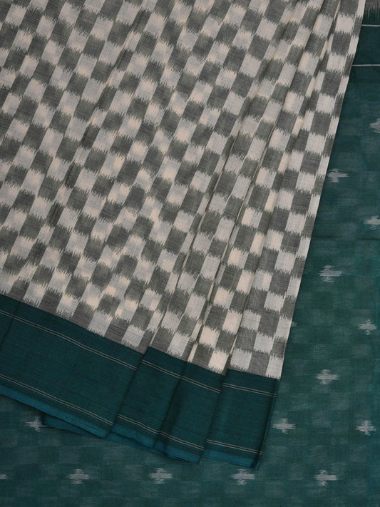 Teal and White Pochampally Ikat Cotton Handloom Saree with Small Checks Design i0691