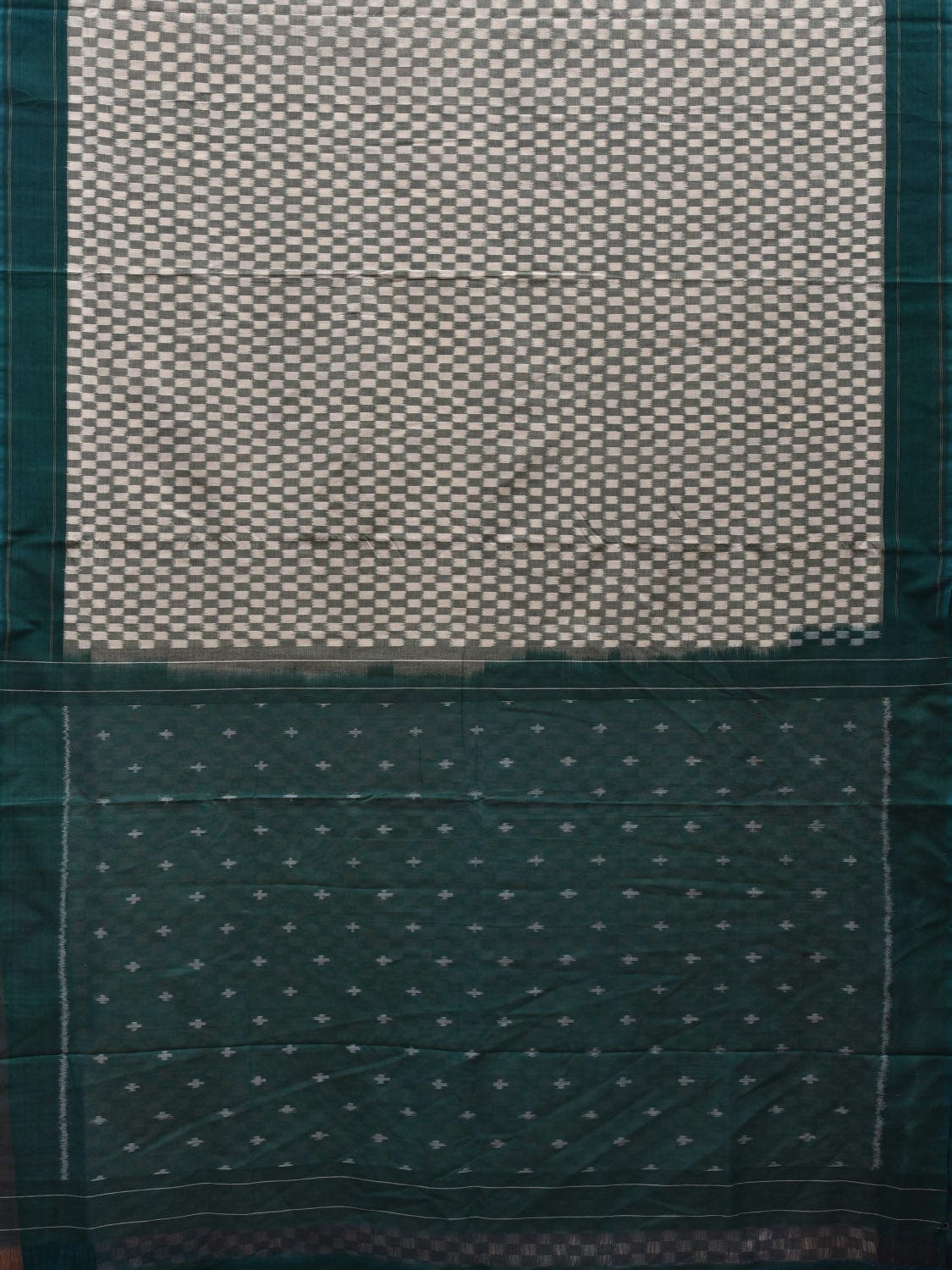 Teal and White Pochampally Ikat Cotton Handloom Saree with Small Checks Design i0691