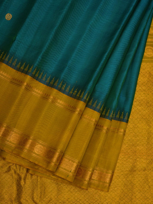 Teal and Yellow Gadwal Silk Handloom Saree with Buta and Border Design g0323