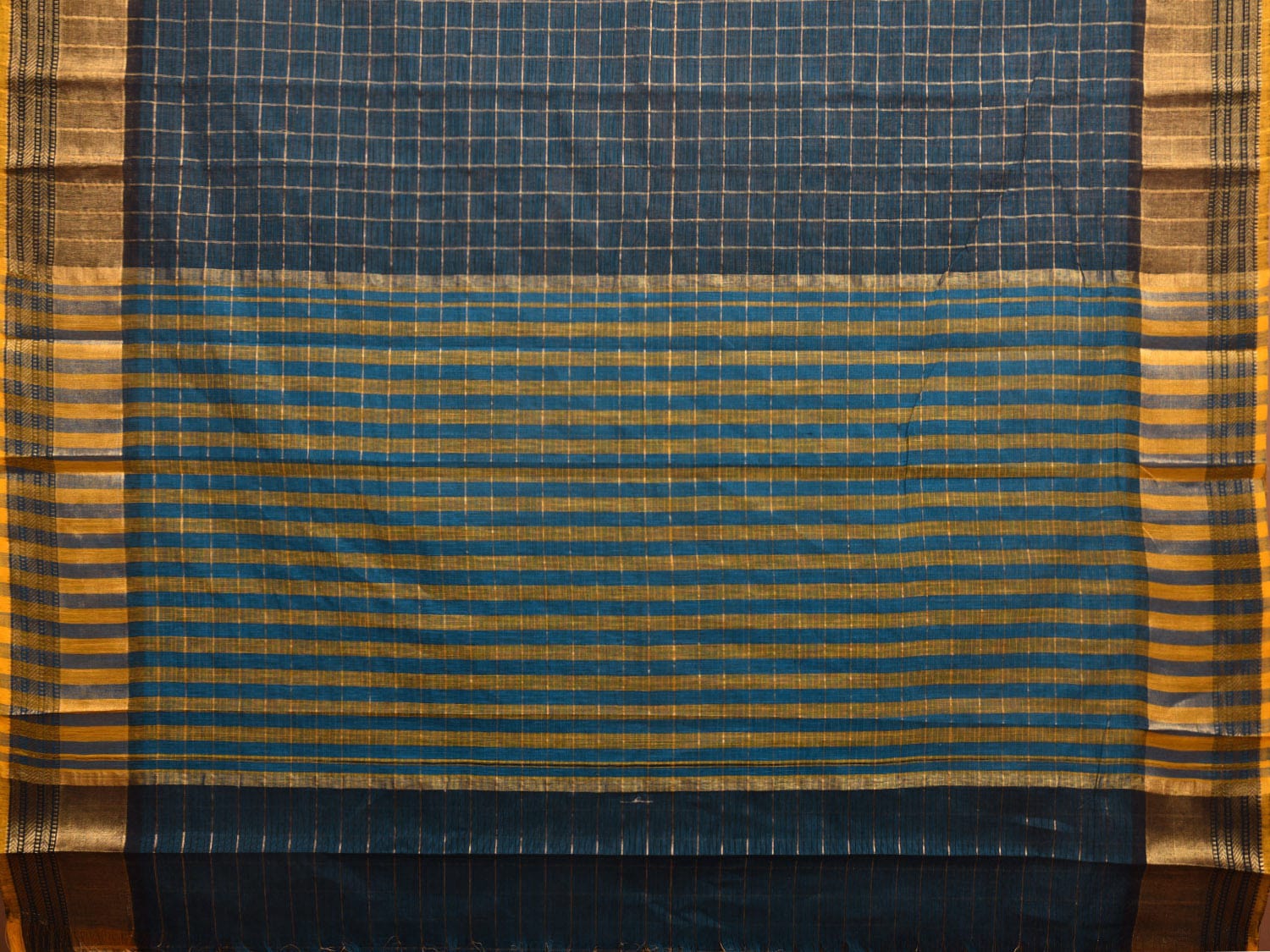 Teal and Yellow Kanchipuram Cotton Saree with Big Checks Design k0598