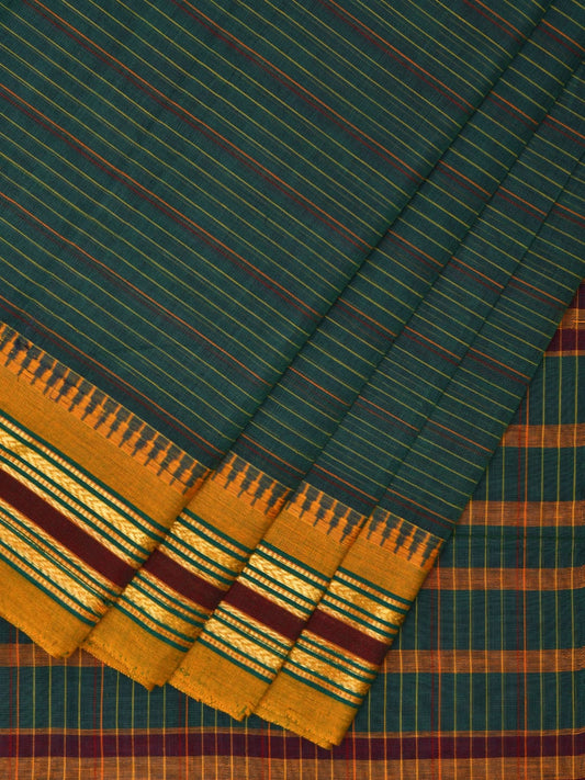 Teal and Yellow Narayanpet Cotton Handloom Saree with Strips Design No Blouse np1011