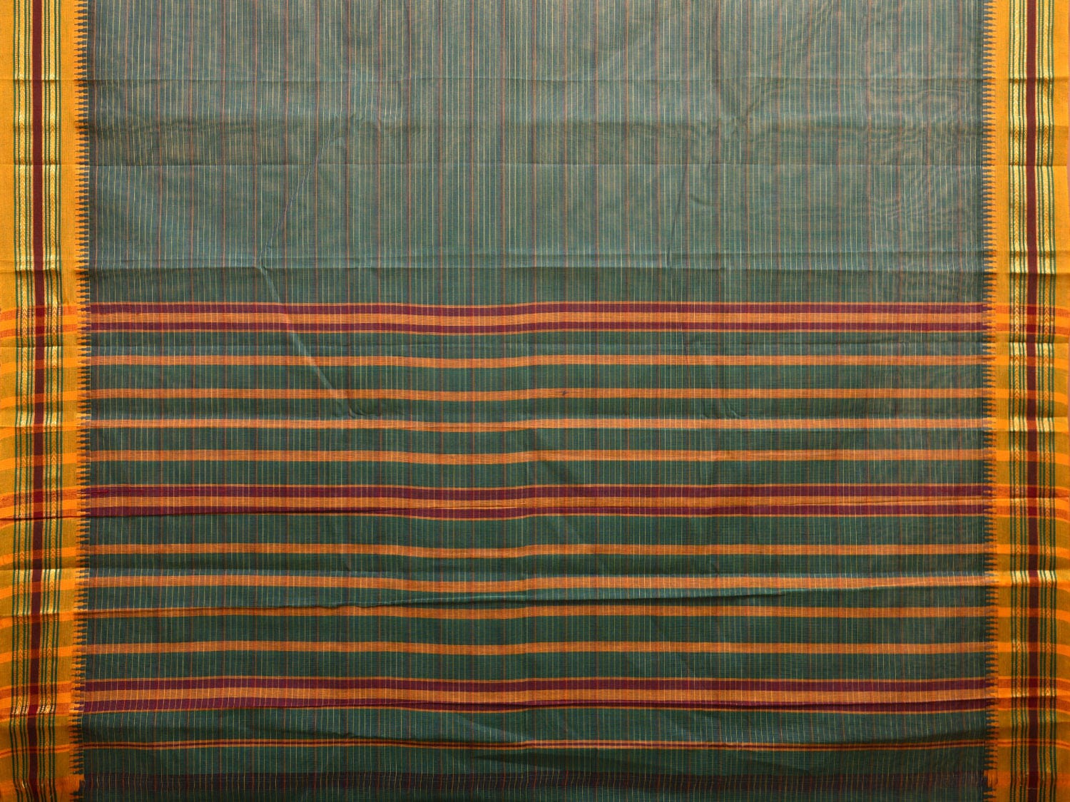 Teal and Yellow Narayanpet Cotton Handloom Saree with Strips Design No Blouse np1011