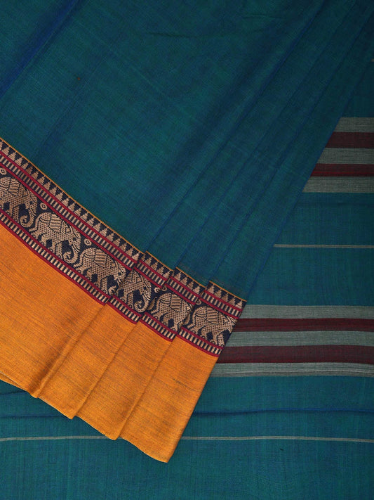 Teal and Yellow Narayanpet Cotton Plain Saree with Strips and Elephant Border Design No Blouse np1099