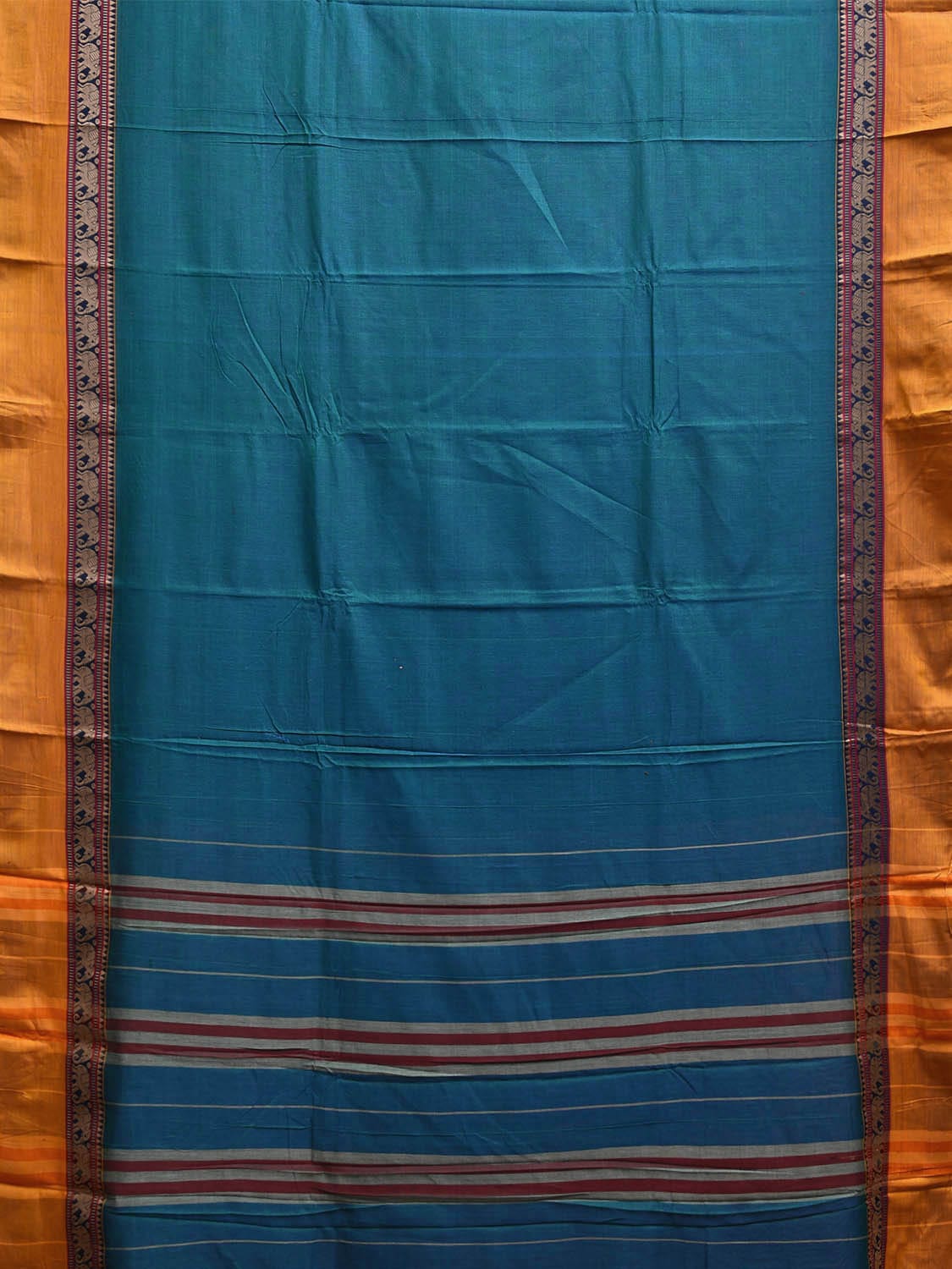 Teal and Yellow Narayanpet Cotton Plain Saree with Strips and Elephant Border Design No Blouse np1099