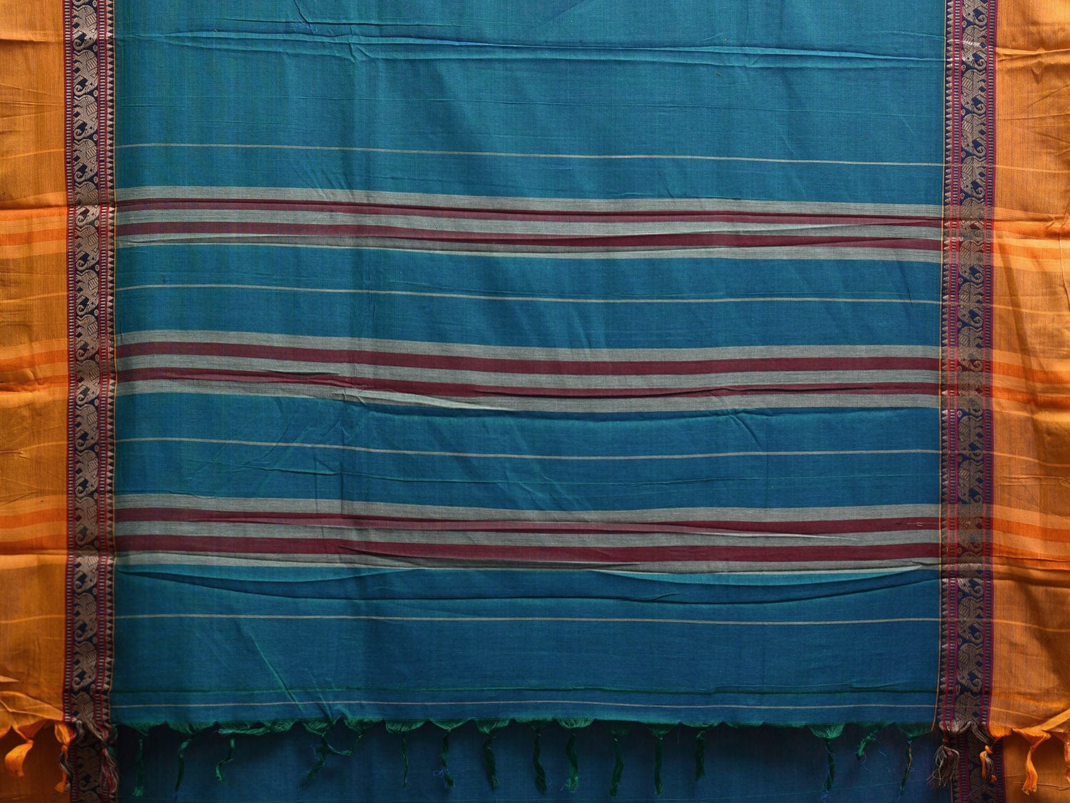 Teal and Yellow Narayanpet Cotton Plain Saree with Strips and Elephant Border Design No Blouse np1099