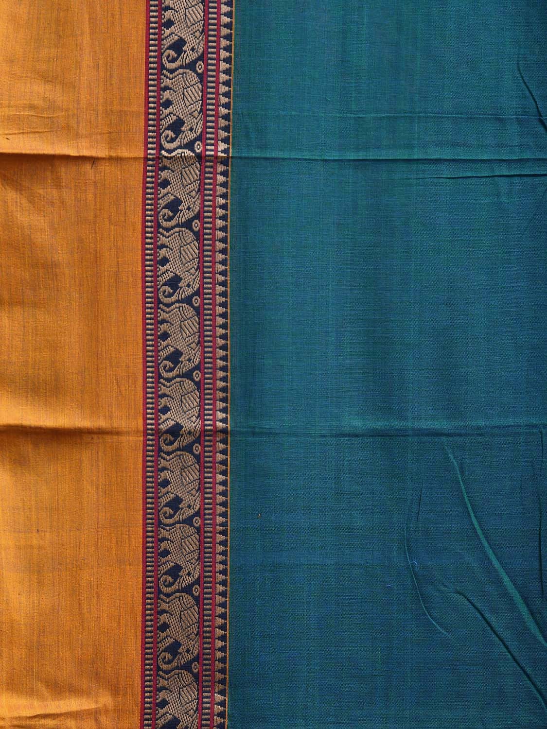 Teal and Yellow Narayanpet Cotton Plain Saree with Strips and Elephant Border Design No Blouse np1099