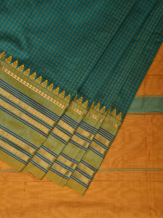 Teal and Yellow Narayanpet Silk Handloom Saree with Checks Design np0930