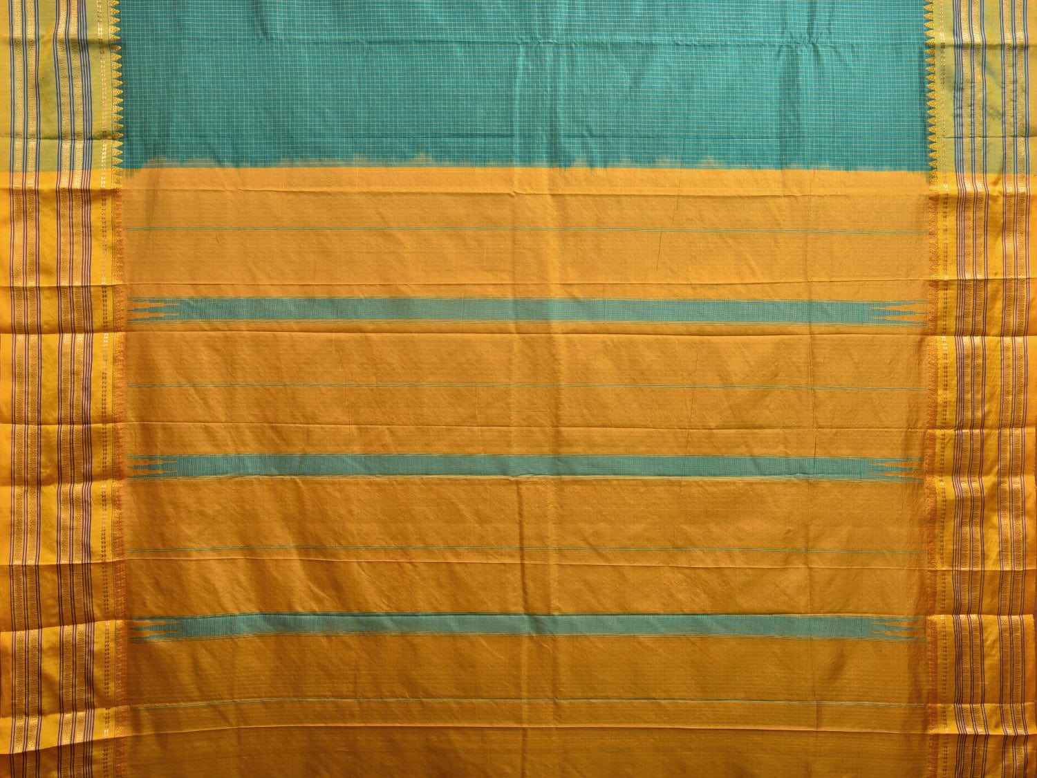 Teal and Yellow Narayanpet Silk Handloom Saree with Checks Design np0930