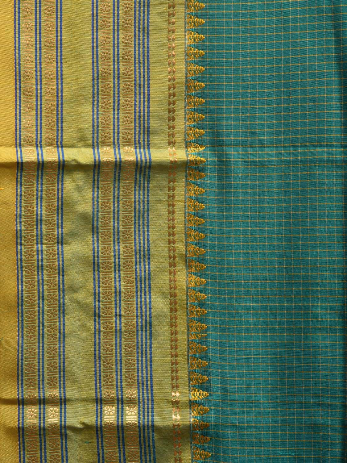 Teal and Yellow Narayanpet Silk Handloom Saree with Checks Design np0930