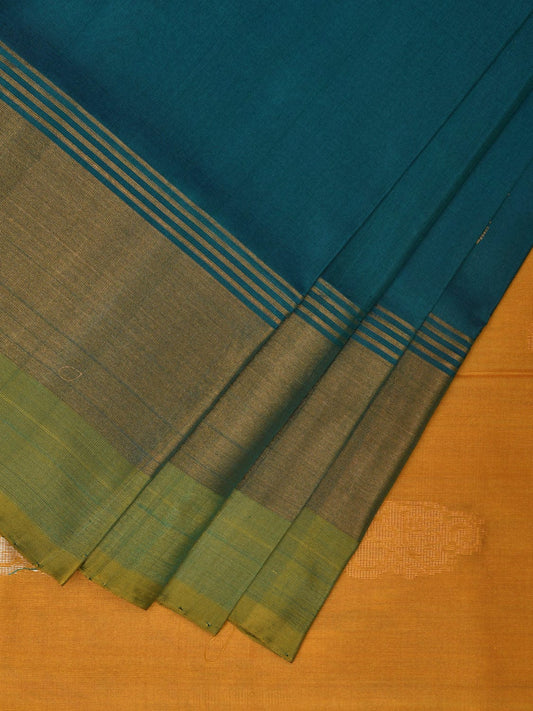 Teal and Yellow Uppada Plain Silk Handloom Saree with Buta and Contrast Pallu Design u2248