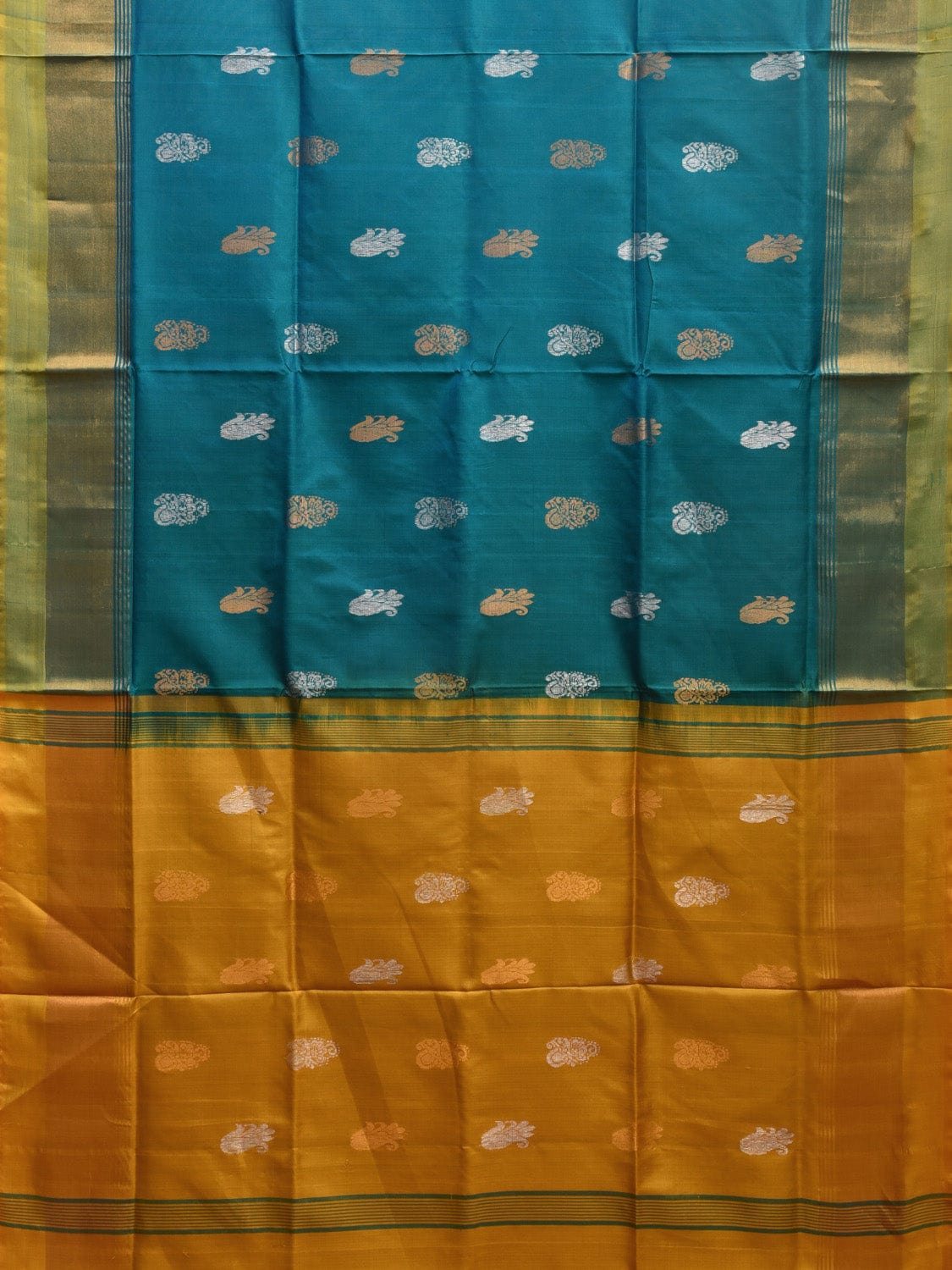 Teal and Yellow Uppada Plain Silk Handloom Saree with Buta and Contrast Pallu Design u2248