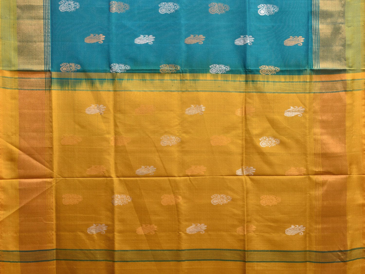 Teal and Yellow Uppada Plain Silk Handloom Saree with Buta and Contrast Pallu Design u2248