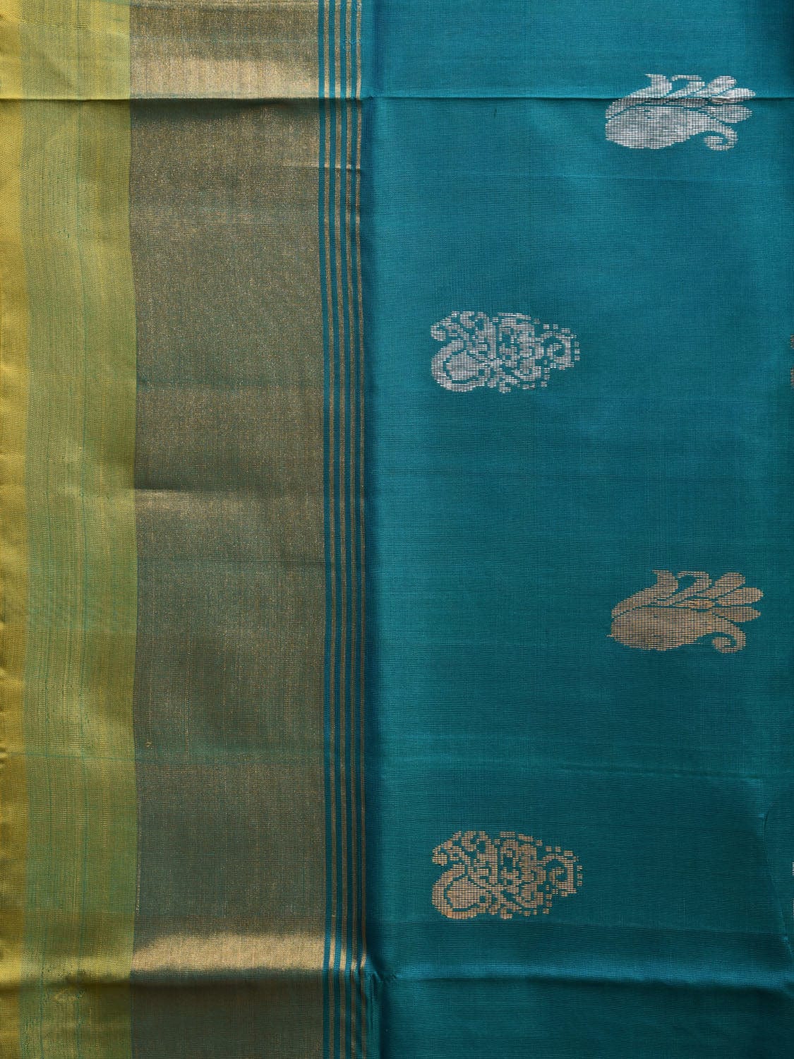 Teal and Yellow Uppada Plain Silk Handloom Saree with Buta and Contrast Pallu Design u2248
