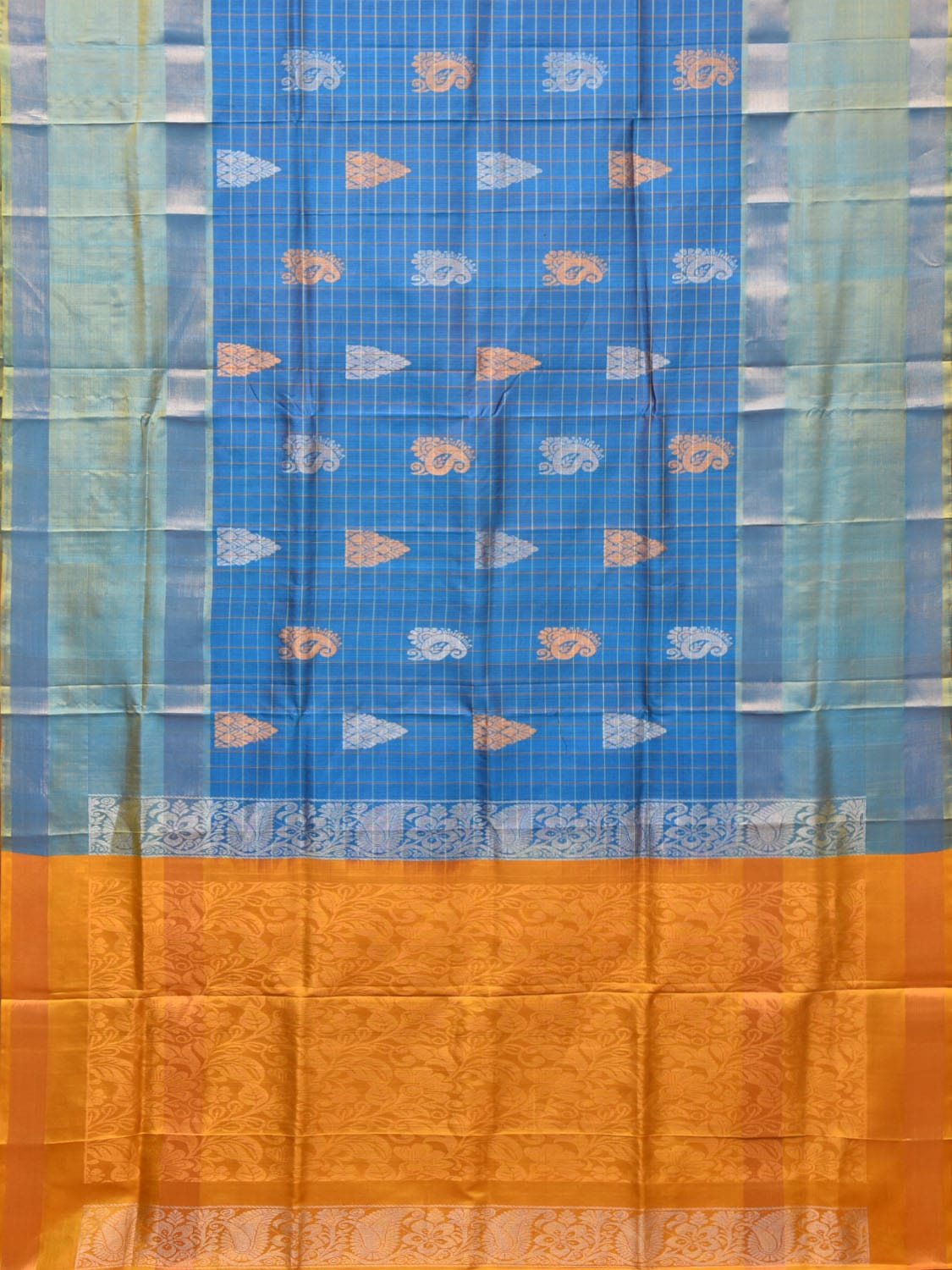 Teal and Yellow Uppada Silk Handloom Saree with Checks, Buta and Pallu Design u2080
