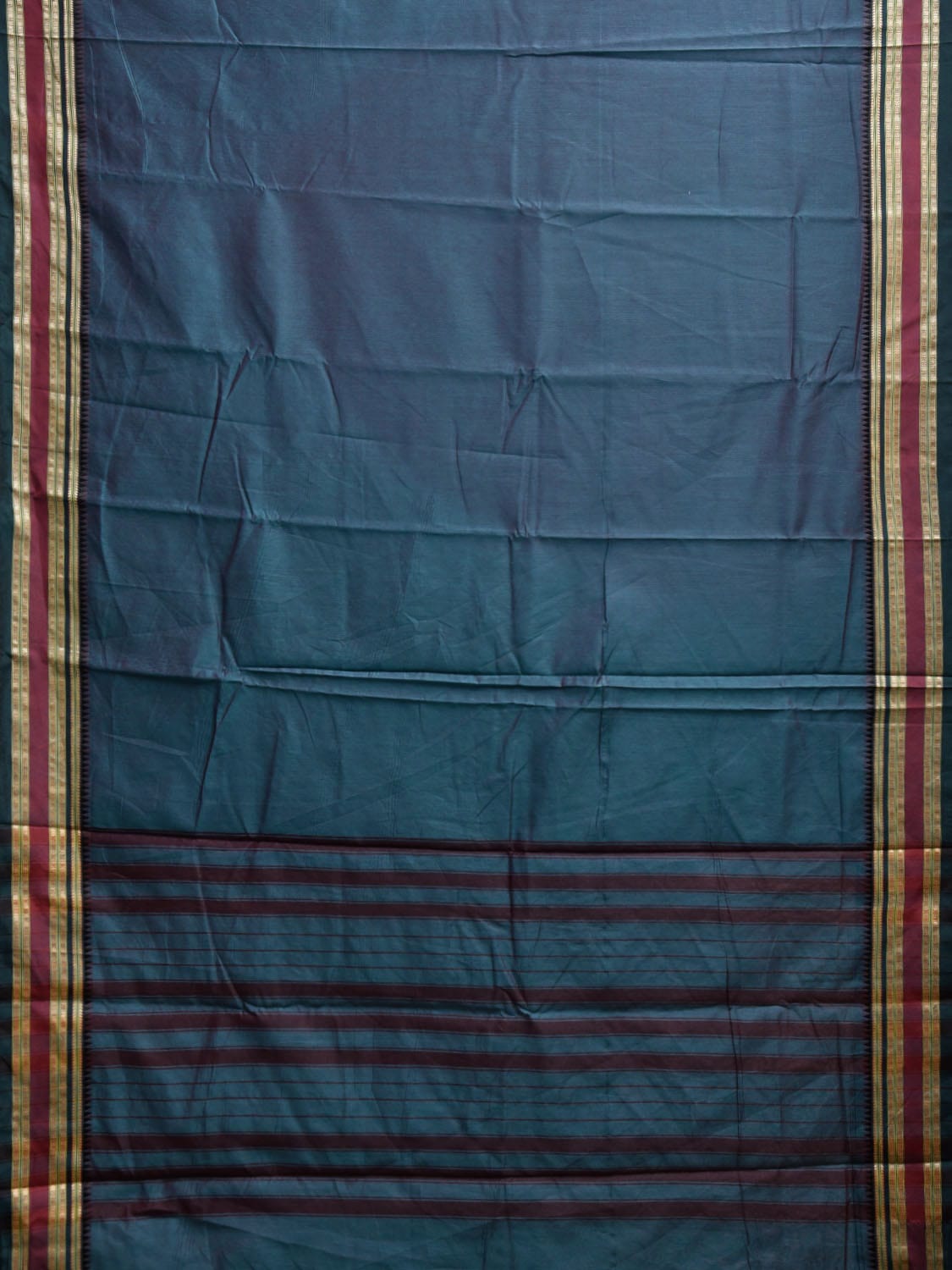Teal Bamboo Cotton Plain Saree with Strips Pallu Design No Blouse bc0799