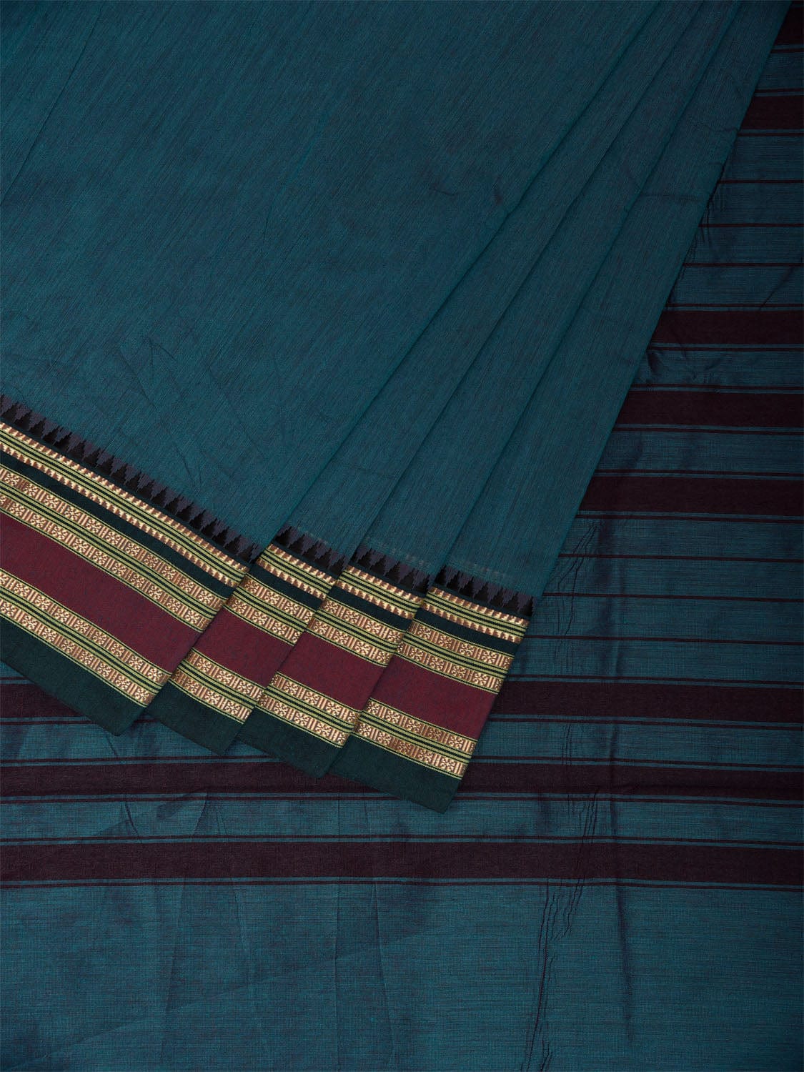 Teal Bamboo Cotton Plain Saree with Strips Pallu Design No Blouse bc0799