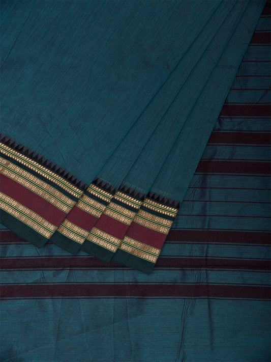 Teal Bamboo Cotton Plain Saree with Strips Pallu Design No Blouse bc0799