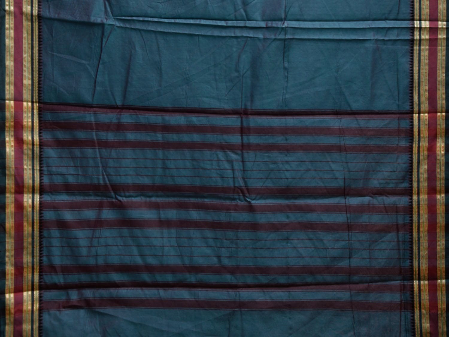 Teal Bamboo Cotton Plain Saree with Strips Pallu Design No Blouse bc0799