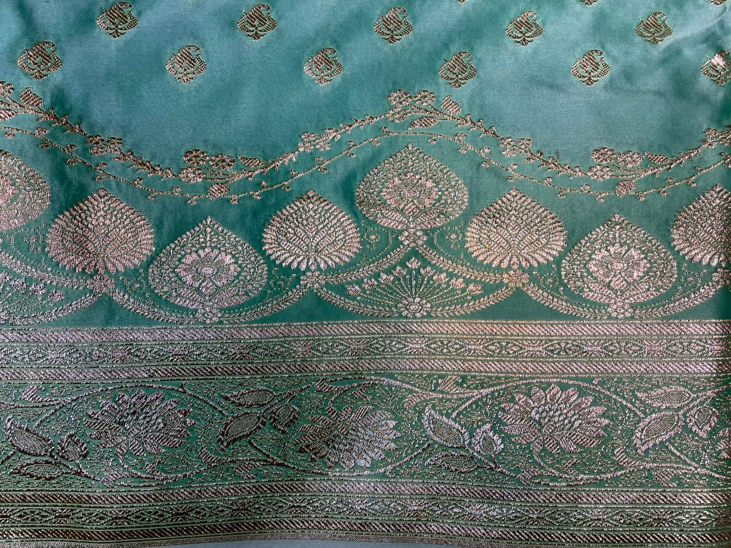 Teal Banaras Katan Silk Saree with Body Butti and Border Design b0411ds