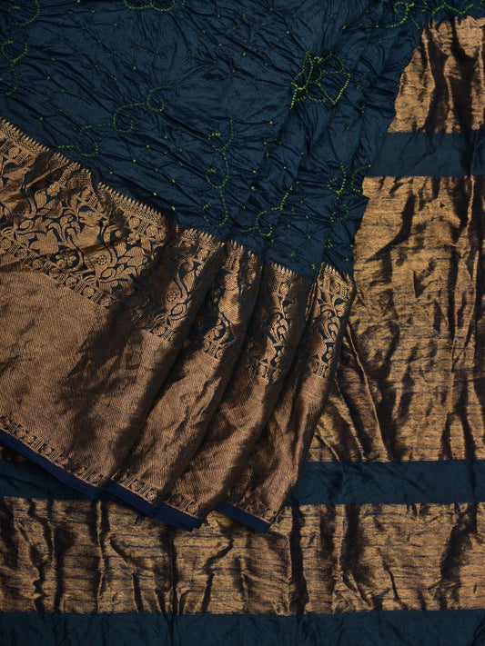 Teal Bandhani Kanchipuram Silk Handloom Saree with Mango Body Buta Design bn0320