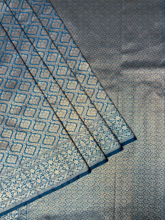 Teal Blue  Antique Zari  Banaras Katan Intricate Allover Brocade Saree with Border and Pallu Design b0347ds