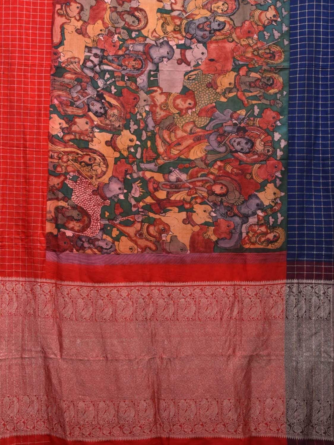Teal Kalamkari Hand Painted Gadwal Silk Handloom Saree with Krishna Leela and Ganga-Jamuna Border Design KL0501
