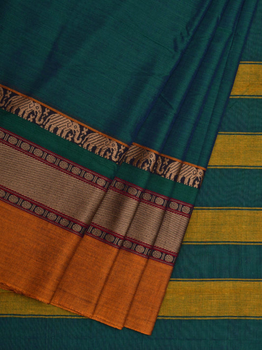 Teal Kanchi Cotton Plain Saree wtih One Side Border Design o0317