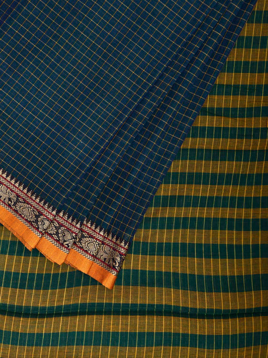 Teal Kanchipuram Cotton Saree with Checks and Elephant Border Design No Blouse k0835
