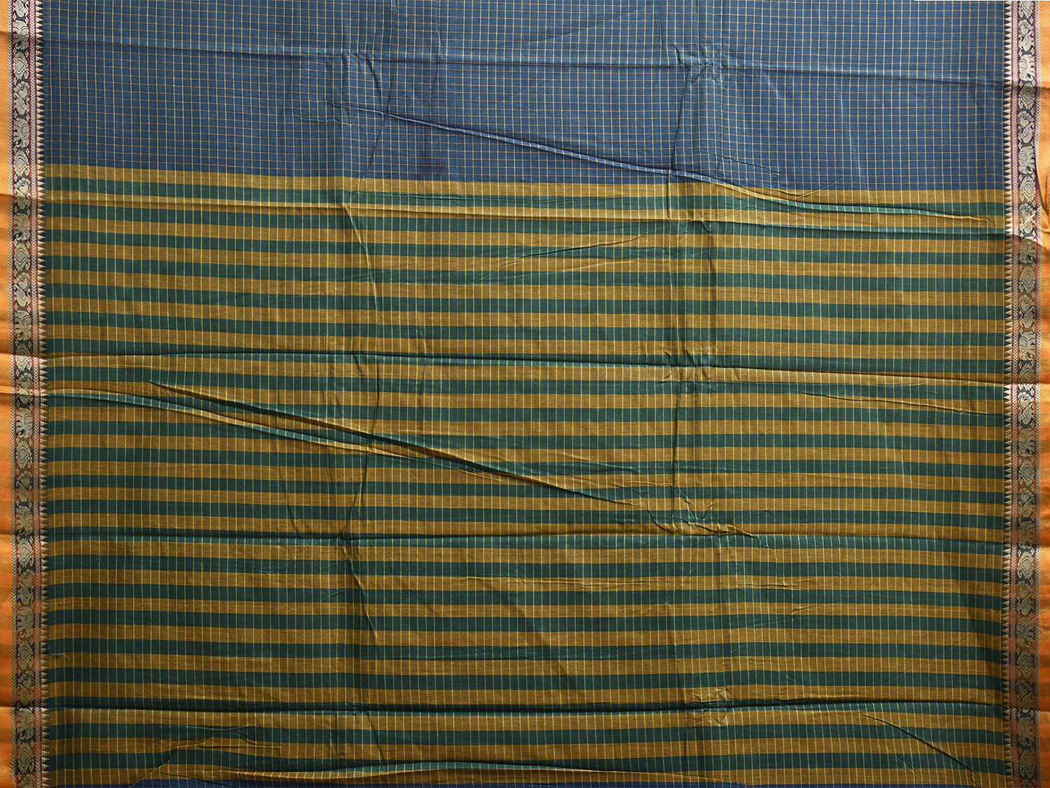 Teal Kanchipuram Cotton Saree with Checks and Elephant Border Design No Blouse k0835