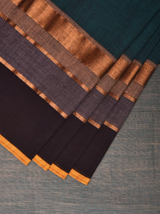 Teal Kanchipuram Cotton Saree with Strips Border Design k0596
