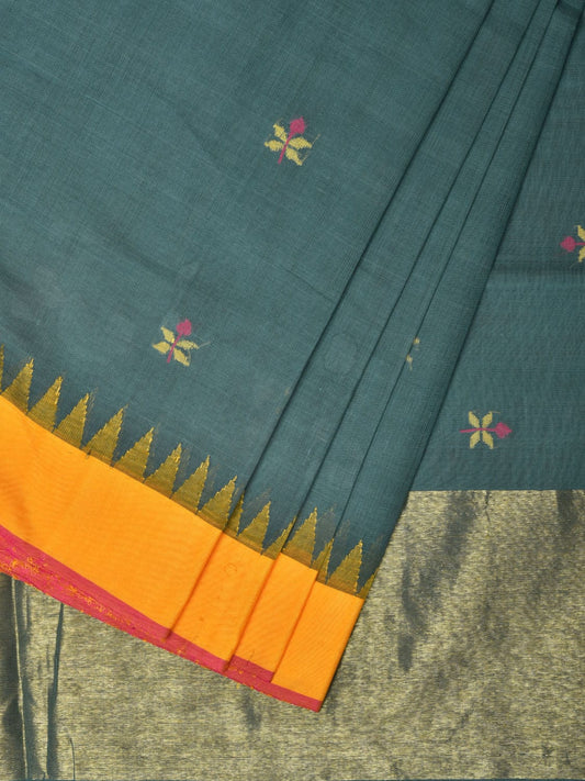 Teal Khadi Cotton Handloom Saree with Jamdani Body Buta Design kh0654