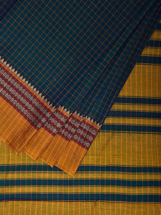 Teal Narayanpet Cotton Saree with Checks and Border Design No Blouse np1139