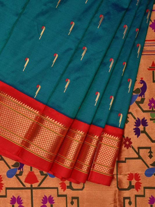 Teal Paithani Silk Handloom Saree with Peacocks Pallu Design p0384