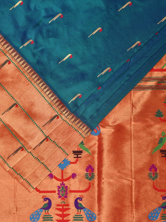 Teal Paithani Silk Handloom Saree with Triple Muniya Border Design p0489