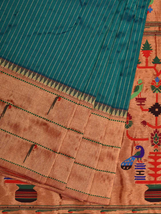 Teal Paithani Silk Saree with Strips and Triple Muniya Border Design p0389