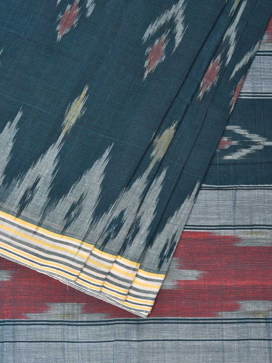 Teal Pochampally Ikat Cotton Handloom Saree with Temple Border Design No Blouse i0804