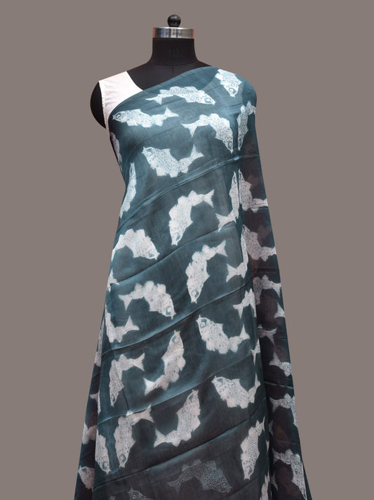 Teal Shibori Cotton Silk Handloom Dupatta with Fishes Design ds3624