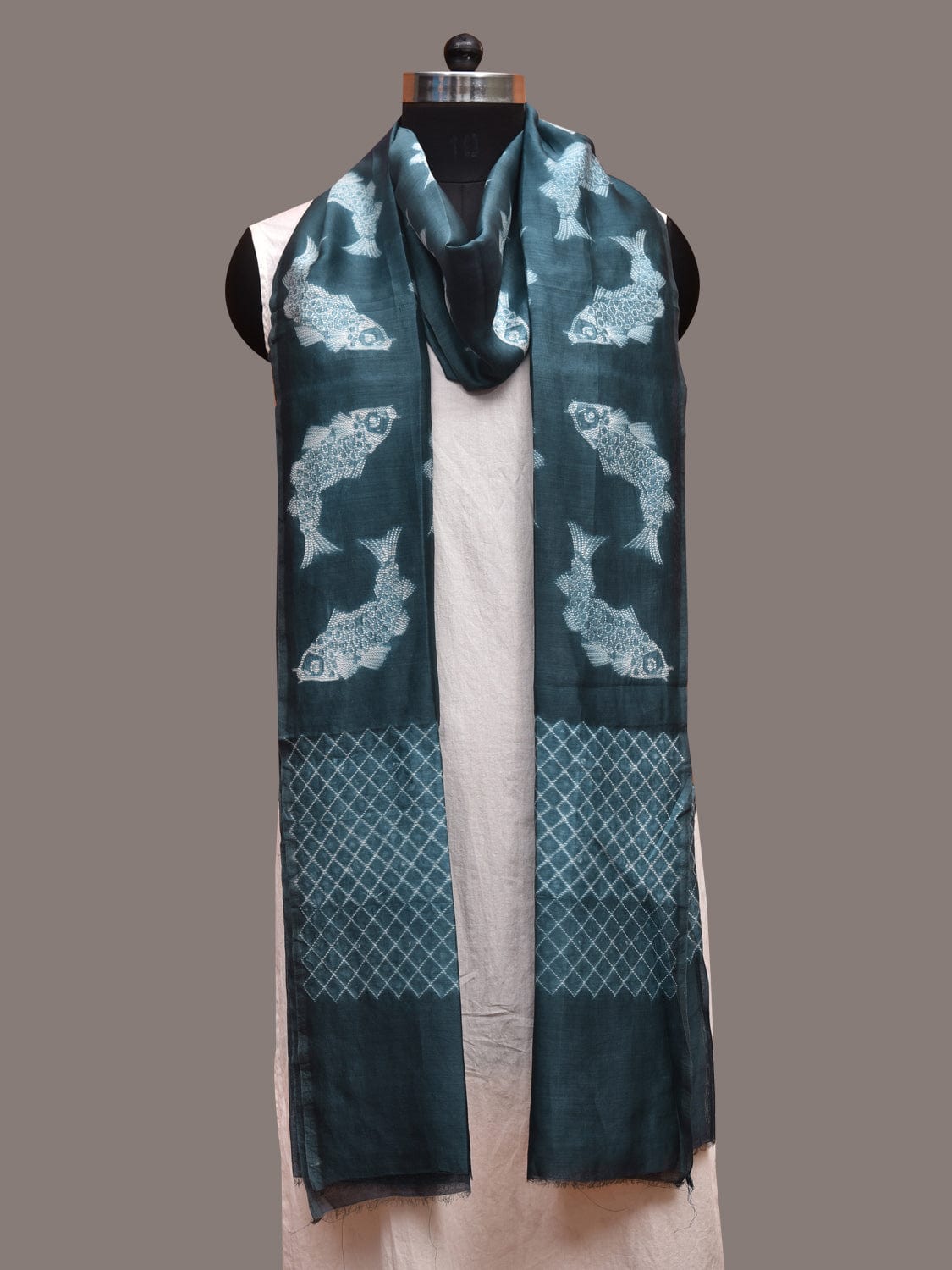 Teal Shibori Cotton Silk Handloom Dupatta with Fishes Design ds3624